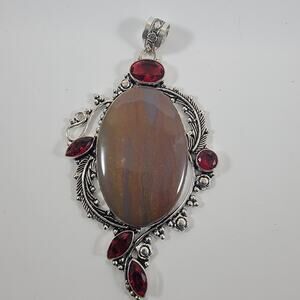 Brown Jasper Pendant – With Red Garnet Accents + 20" Sterling Silver Chain